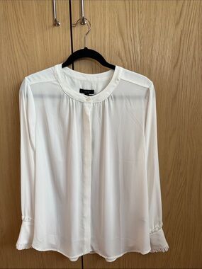 J. Crew White Round-Neck Pleated Front Long-Sleeve Blouse